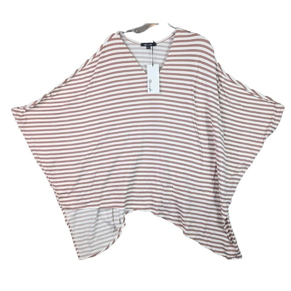 Yanak Poncho Top Womens One Size Mauve Ivory Stripe V-Neck Relaxed Boho Stretch - Picture 1 of 10
